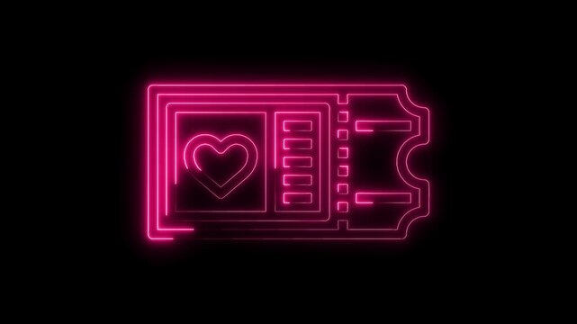 Neon pink love ticket glowing on dark background romantic event invitation concept