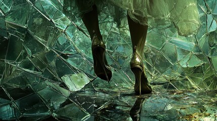 Fractured Beauty: Elegant Legs in Golden Heels Reflecting on a Shimmering Surface of Green Shattered Glass