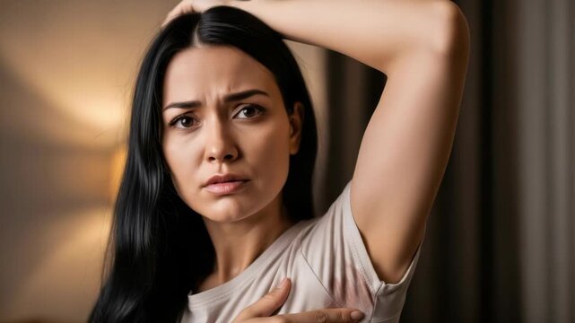 young woman with long dark hair looks worriedly at the camera highlighting prominent reddish-brown sweat stain on her light-colored t-shirts underarm her hand gently touching the area