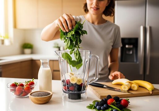 Woman preparing nutritious smoothie in modern kitchen, blending spinach with fruits, promoting a healthy lifestyle and