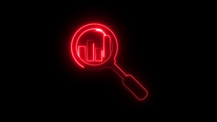 Neon magnifying glass with bar chart icon animation, glowing business analytics symbol, digital data analysis, SEO research, market growth, and financial statistics