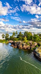 Island scene with rocky shore