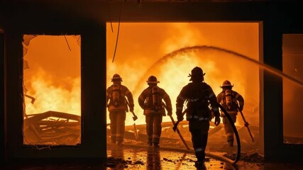 Four silhouetted firefighters battle massive orange blaze inside burning structure One sprays water two advance with axes their reflections visible on the wet fiery ground