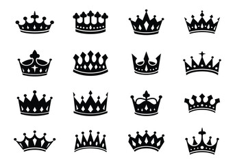 king queen emperor crown set collection pack bundle black shape icon silhouette vector flat illustration design on white background