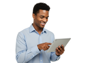 Smiling young black man engaged with a tablet device technology transparent background