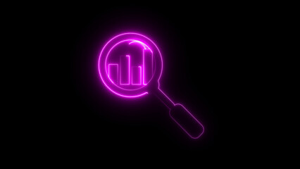 Neon magnifying glass with bar chart icon animation, glowing business analytics symbol, digital data analysis, SEO research, market growth, and financial statistics