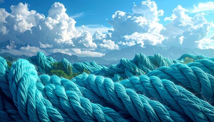 Braided blue ropes mimicking waves under cloudy sky
