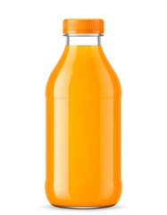 Isolated, filled transparent glass bottle with orange cap, standing upright