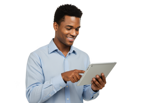 Smiling young black man engaged with a tablet device technology transparent background