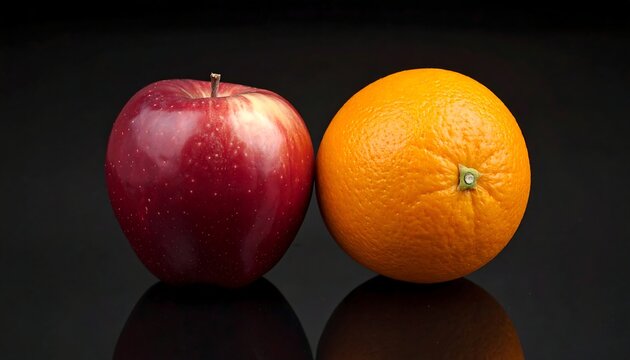 Red apple and orange on a reflective black surface
