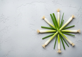 Scallion bulbs arranged as a neat starburst on white background, bright radial vegetable motif for healthy recipe cards, kitchen education and culinary branding