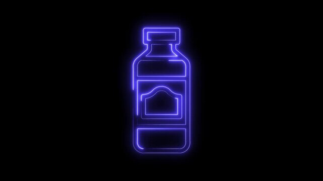 Glowing neon bottle outline isolated on black background digital animation for commercial use