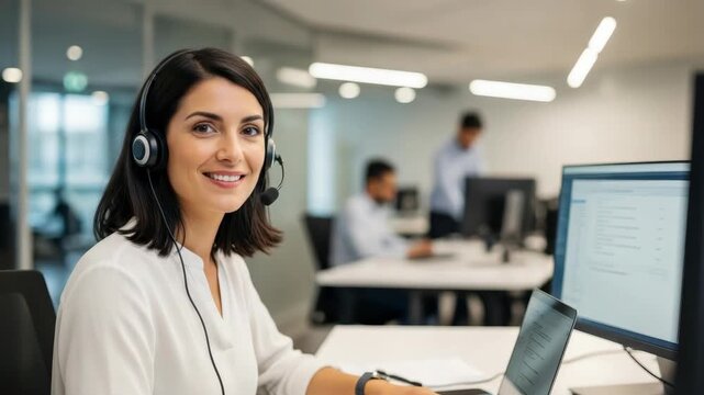 smiling woman with closed eyes wears headset and works at her office desk She types on laptop watch on her wrist with monitor displaying data and papers Colleagues are blurred in the background - Powered by Adobe