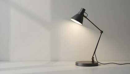 A sleek black desk lamp illuminates a white surface with a soft glow, casting a gentle shadow on a plain wall, creating a minimalist ambiance for study or work