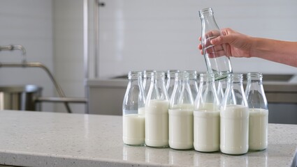 Hand placing an empty glass bottle among full milk bottles on a modern kitchen counter, preparing for bottling or recycling in a clean facility.