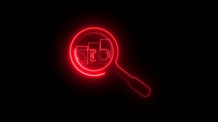 Neon magnifying glass with SEO bar chart icon animation, digital analytics symbol, search optimization, marketing data insight