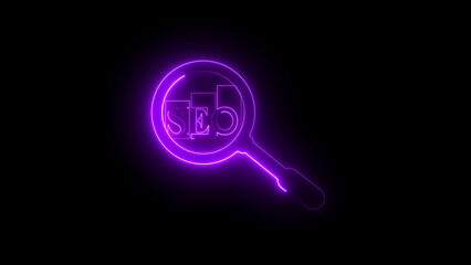 Neon magnifying glass with SEO bar chart icon animation, digital analytics symbol, search optimization, marketing data insight