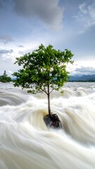 Isolated tree amidst raging water