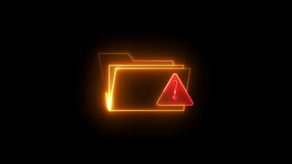 Neon folder warning icon on black background, digital error alert symbol, cybersecurity risk, data storage issue, computer system danger sign