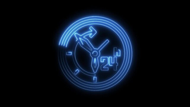 24 hour service neon light clock icon on black background continuous availability