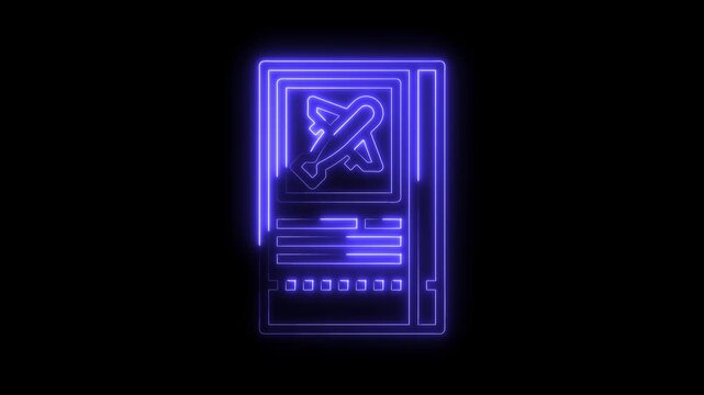 Glowing neon flight ticket animation symbol on black background air travel concept illustration
