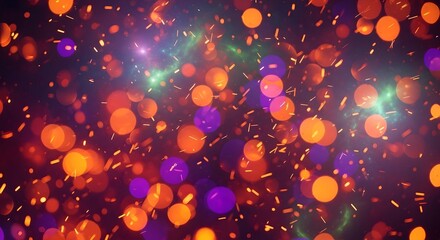 Abstract background featuring a bokeh effect with blurred orange, purple, and green light circles against a dark backdrop.
