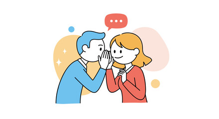 Two people whispering secrets to each other on a white background with colorful circles and sparkles.