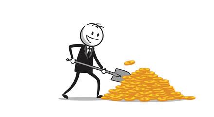 A happy businessman in a suit shoveling a huge pile of golden coins.