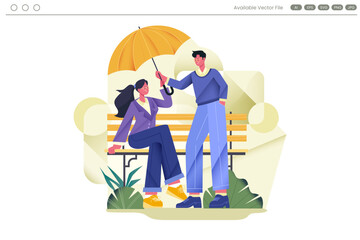 Two stylized people with an umbrella on a bench