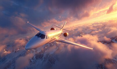 Private jet above snowy peaks at sunset