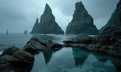 Dramatic coastal scene with towering basalt peaks and calm turquoise pool