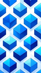 Isometric, geometric pattern of stylized, glossy, blue cubes on white background