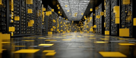 Dark server room with floating yellow cubes