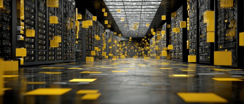 Dark server room with floating yellow cubes