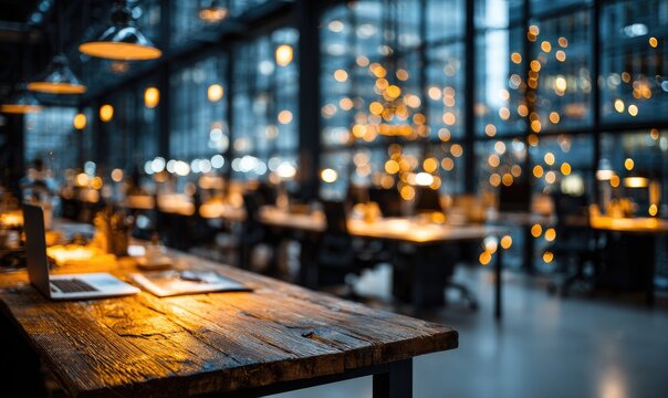Open-plan workspace, warm wood table, city view - Powered by Adobe