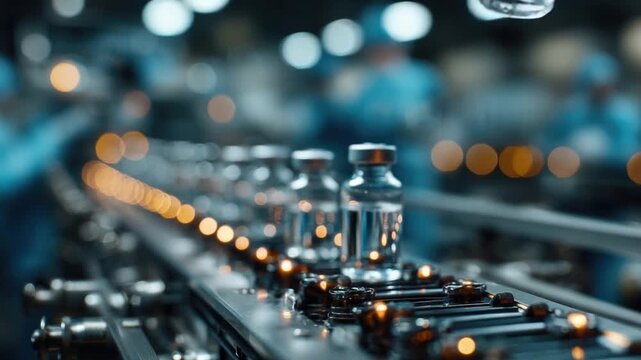 Professional laboratory setting showcasing skilled technician carefully handling glass vials filled with liquid in a modern manufacturing facility dedicated to vaccine production