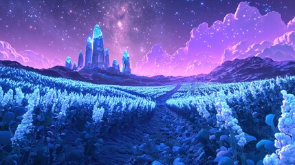 Ethereal Night Landscape with Glowing Blue Fields, Starry Purple Sky, and Mystical Crystal Structures