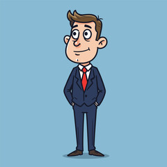 Obraz premium Cartoon man in dark blue suit with red tie, smiling with hands in pockets on light blue background.