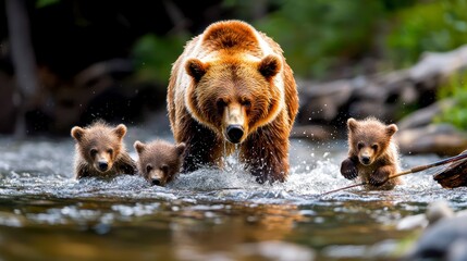 Mother bear leads cubs through stream in forest wildlife photography nature setting close-up viewpoint