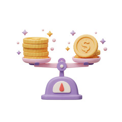 Stylized scales with a stack of gold coins on one side and a smaller stack on the other, with sparkling stars. Isolated on a Transparent Background, PNG, Cutout