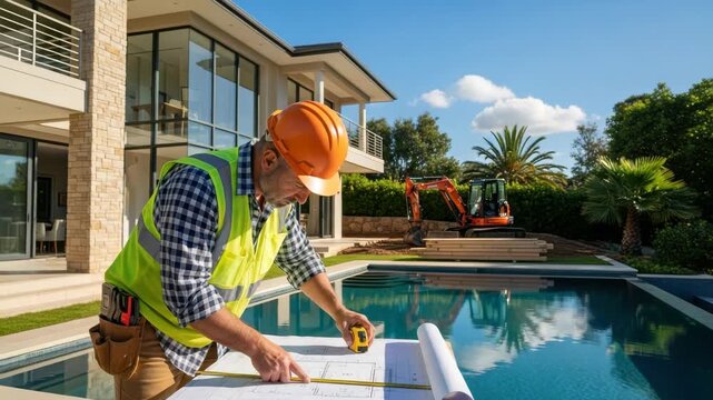 man in hard hat and high-vis vest examines blueprints with measuring tape beside pristine pool featuring modern house and excavator under blue sky