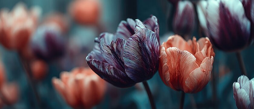 Close-up of vibrant tulips, muted tones