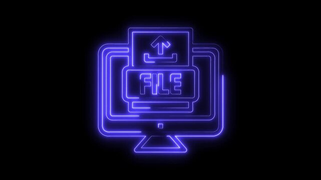 Glowing neon file upload on computer monitor animation with transparent background