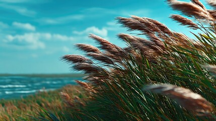 Windswept reeds by a lake