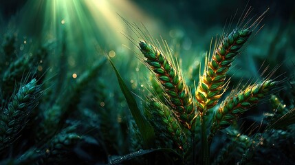 Lush green wheat ears bathed in sunbeams