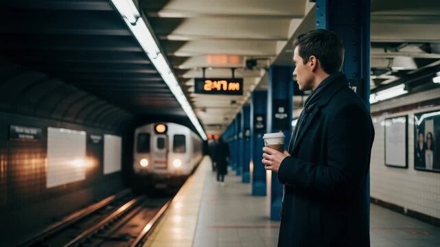 man in dark coat and scarf stands on dimly lit subway platform holding coffee cup A train approaches from the tunnel with digital clock displaying 255 AM above blue pillars