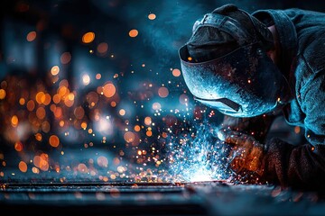 Industrial welder focusing on metal work, sparks fly