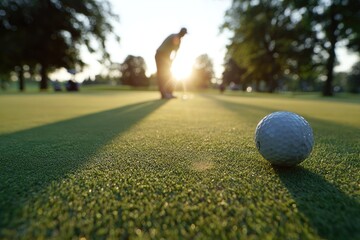 Golfer lines up putt with ball in focus against the sun on a green fairway