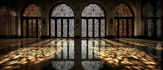 Ornate doors and sunlit floor of a grand hall