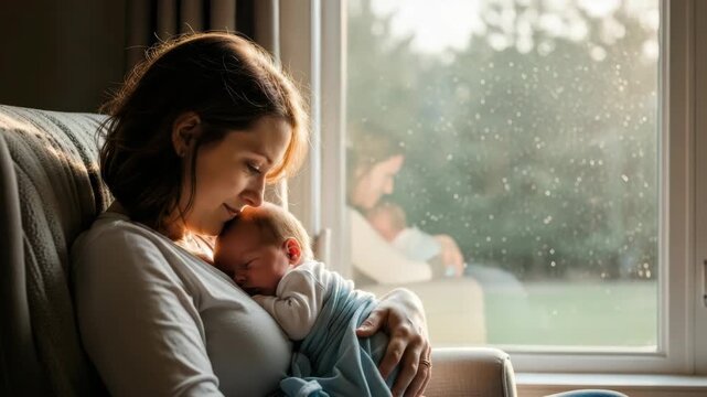 devoted mother cradles her sleeping newborn against her chest bathed in golden sunlight filtering through window tender and intimate scene of pure maternal love and tranquility